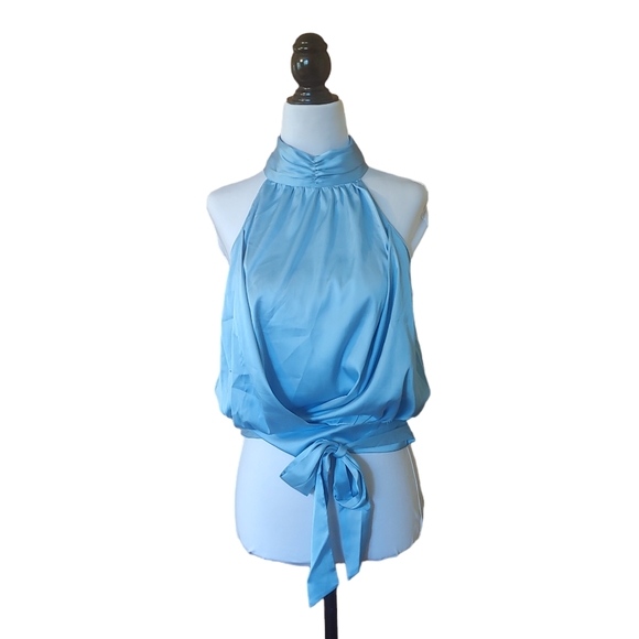 NWT Kirundo Sky Blue Satin Silk Crop Halter Sleeveless Tie Blouse Top Shirt M - Picture 4 of 11